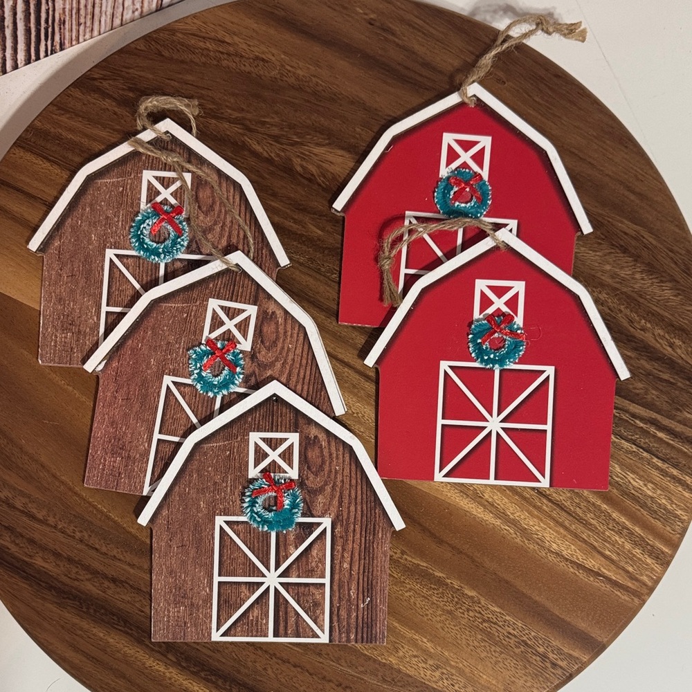 Rustic Barn Holiday Ornaments Set - Red and Brown